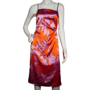 Christian Lacroix Womens Size Small Satin Midi Dress Side Cutout Orange Floral